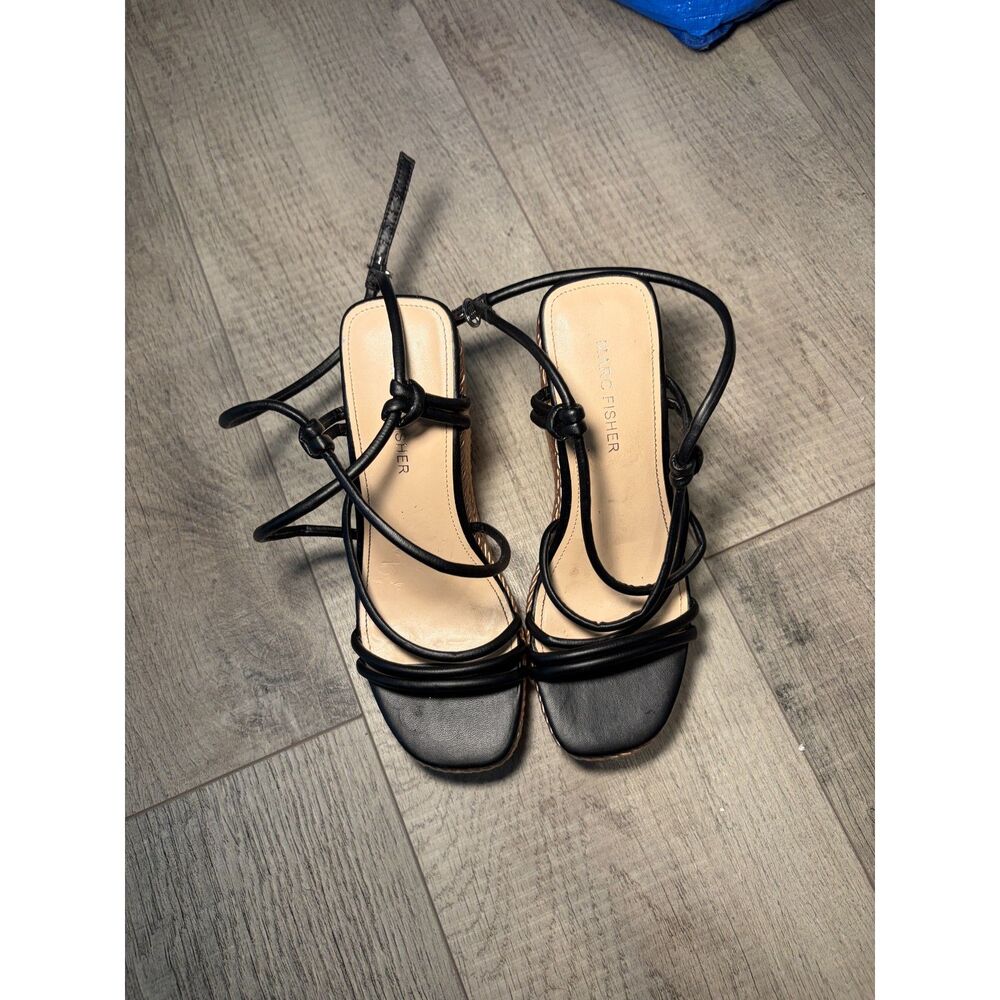 Marc Fisher Black Strappy Ankle Tie Espadrille Platform Wedge Sandals